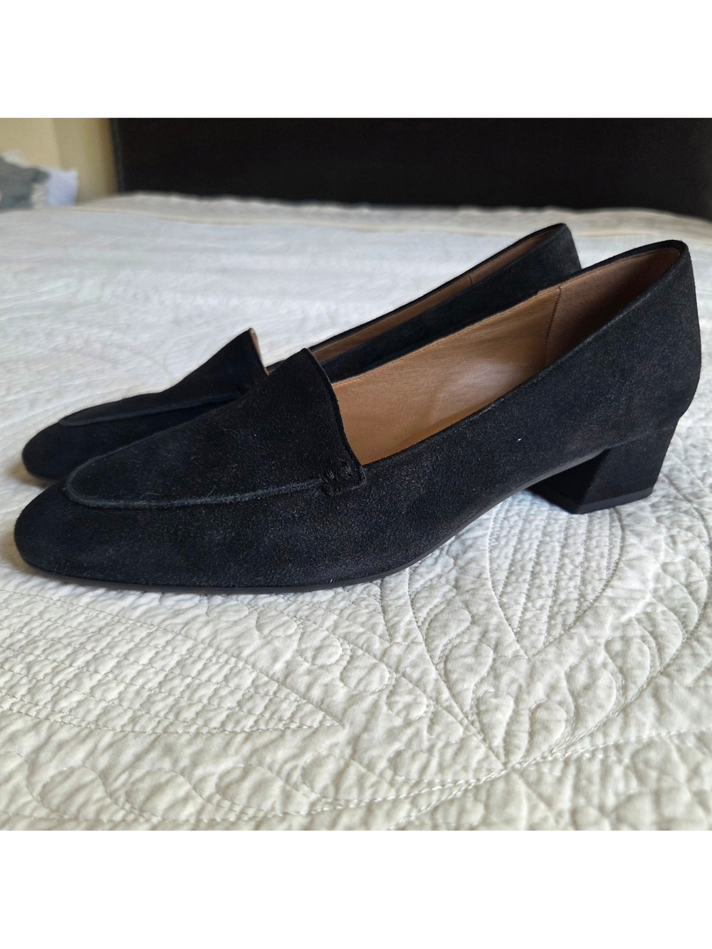 Aquatalia Suede Loafer Pump Low Block Heel